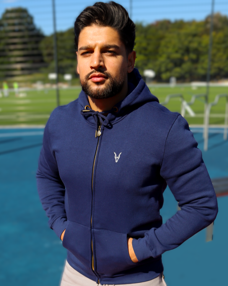 Hoddie Zipper Blau Logo Rot/Weiß