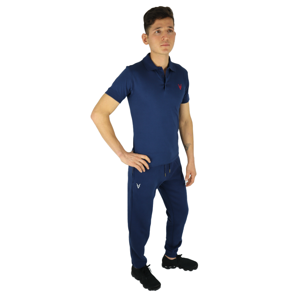 Polo Shirt Blau Logo Rot/Weiß