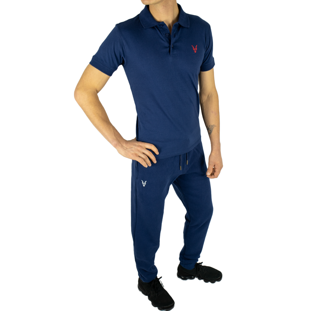 Polo Shirt Blau Logo Rot/Weiß