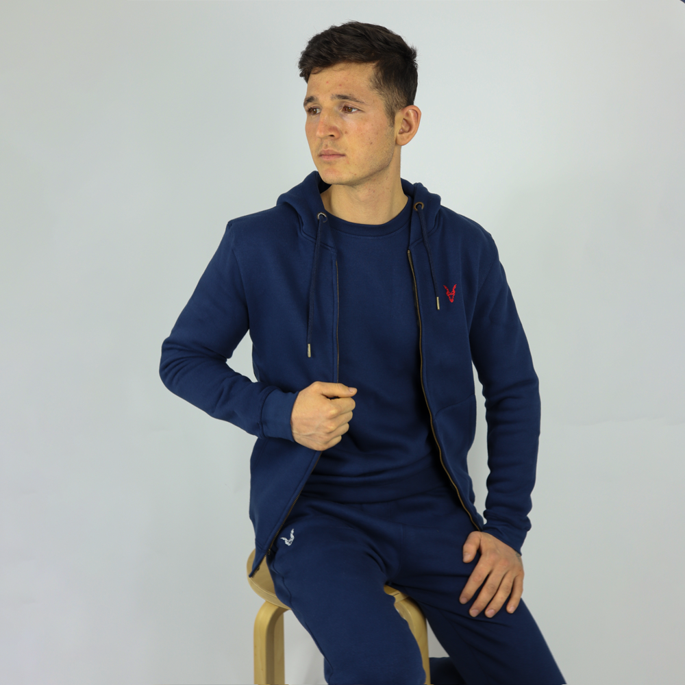 Hoddie Zipper Blau Logo Rot/Weiß